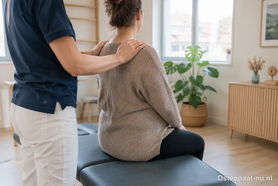 Osteopaat behandelt de schouders van een zwangere vrouw op een behandelbank